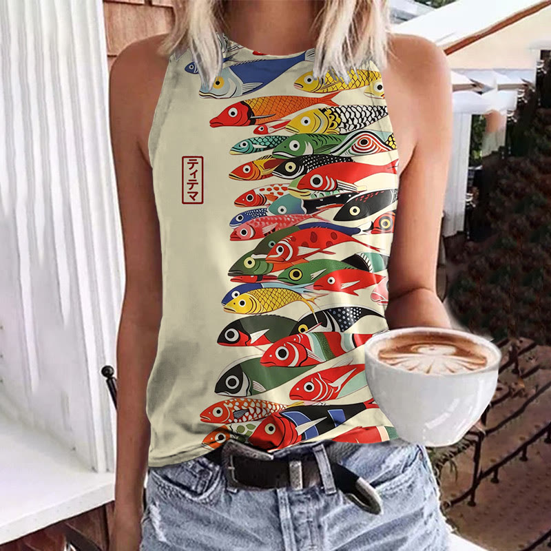 Japanese Vintage Colorful Fishes Pattern Print Crew Neck Tank Top - Apricot - 5XL - image 1