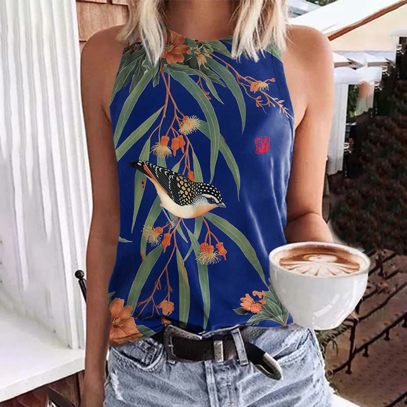 Japanese Vintage Little Bird Pattern Print Crew Neck Tank Top - Blue - 5XL - image 4