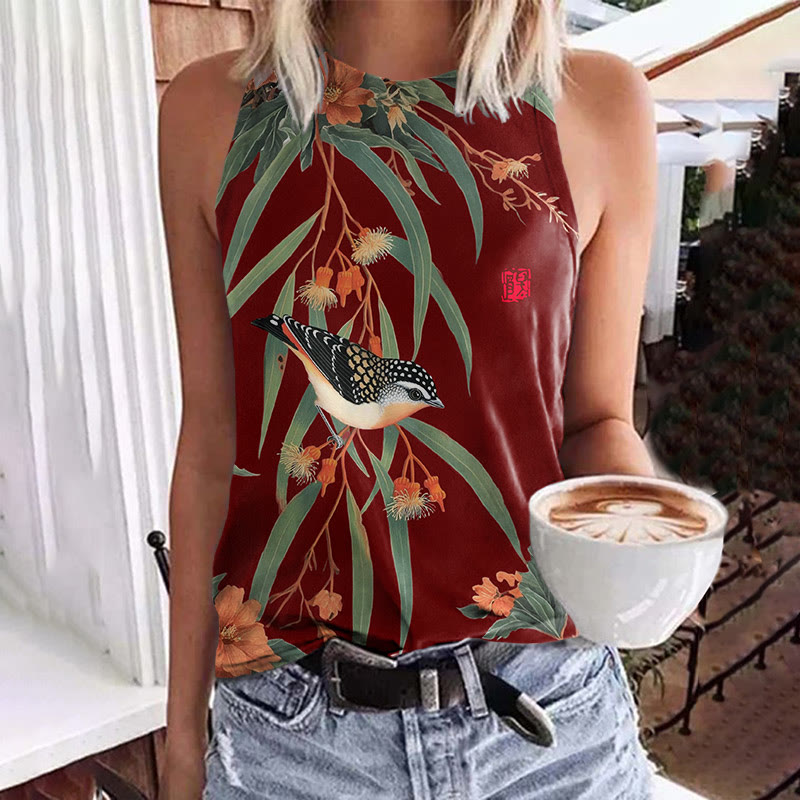 Japanese Vintage Little Bird Pattern Print Crew Neck Tank Top - Red - 5XL - image 2