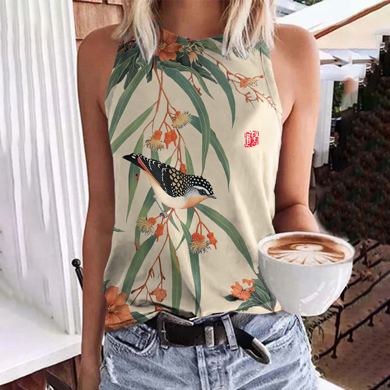 Japanese Vintage Little Bird Pattern Print Crew Neck Tank Top - Apricot - 5XL - image 3