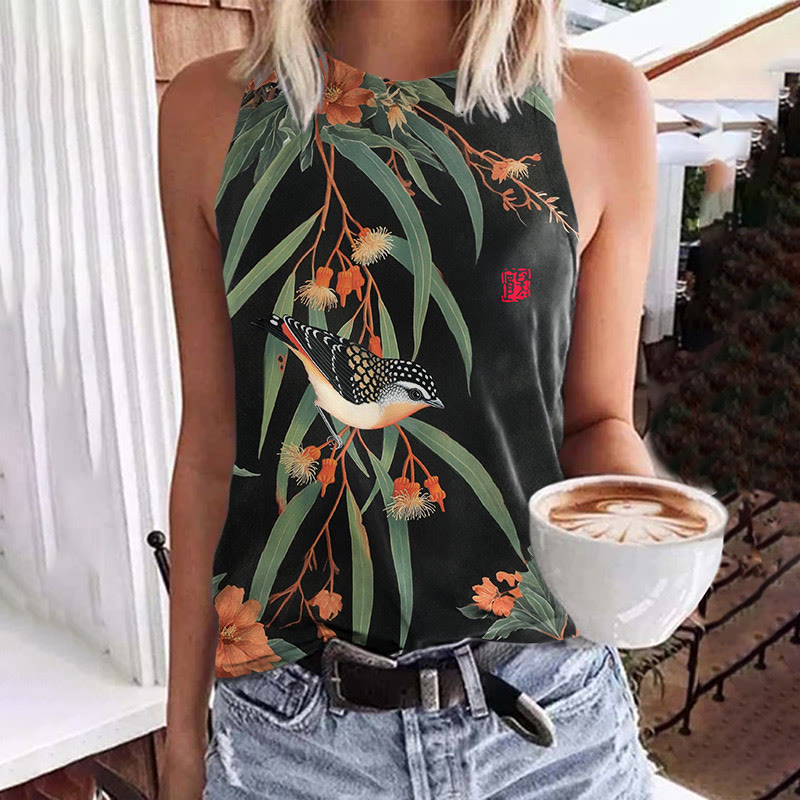 Japanese Vintage Little Bird Pattern Print Crew Neck Tank Top - Black - 5XL - image 1
