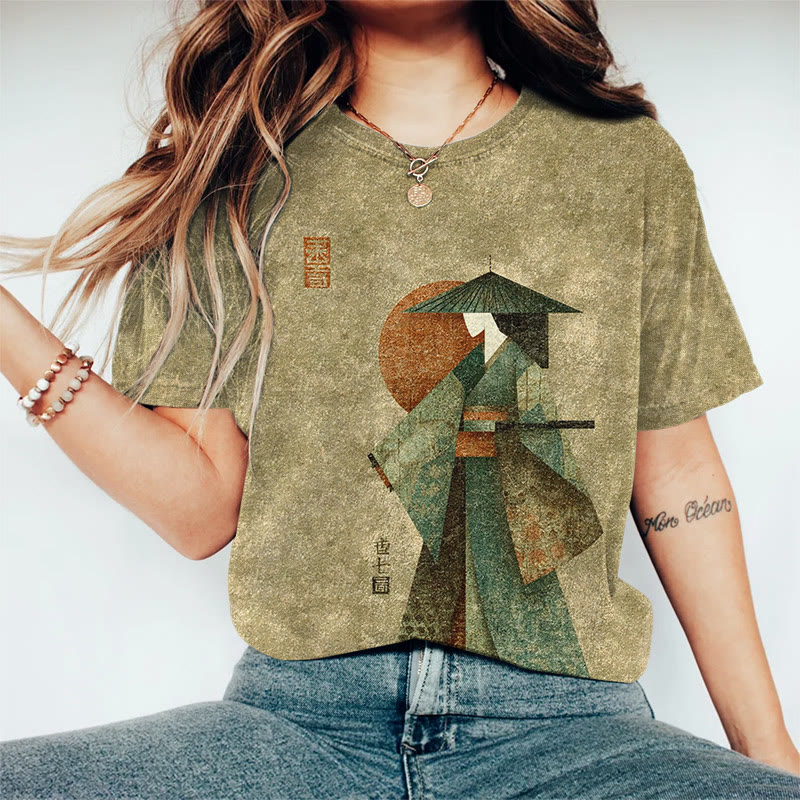 Japanese Warrior Samurai Pattern Print Round Neck T-shirt - Olive Green - US44-46(8XL) - image 1