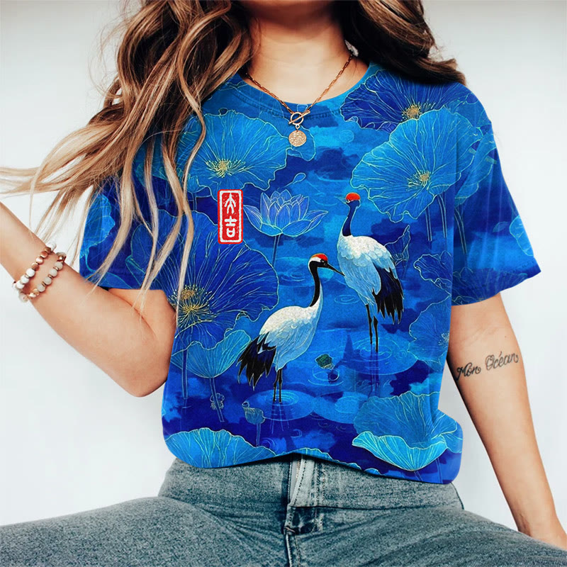 Japanese Vintage Lotus Pond Cranes Pattern Print Round Neck T-shirt - Blue - US44-46(8XL) - image 1