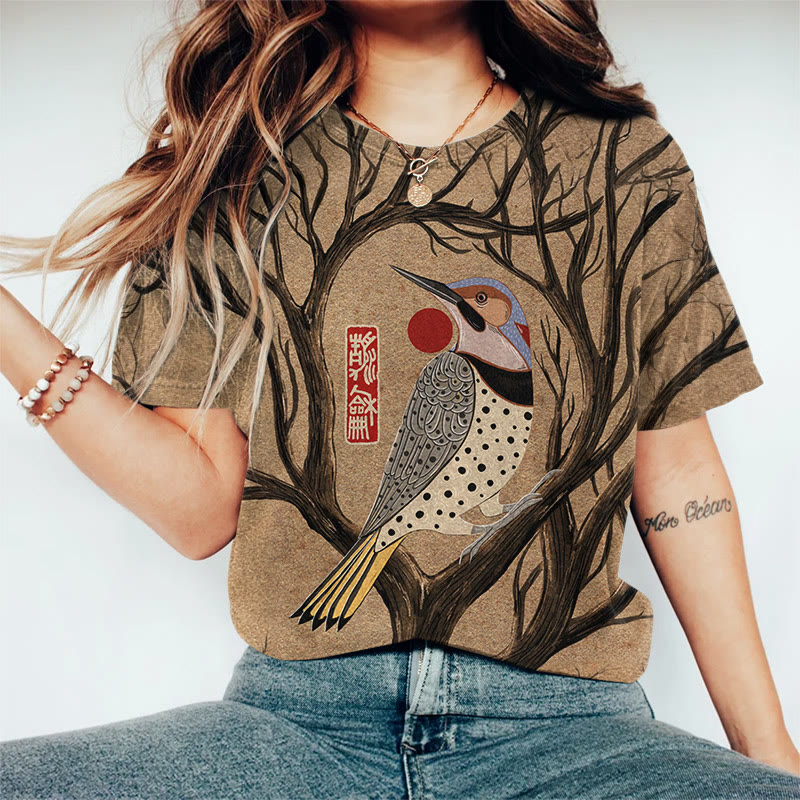 Japanese Geometric Bird Pattern Print Round Neck T-shirt - Khaki - US44-46(8XL) - image 1