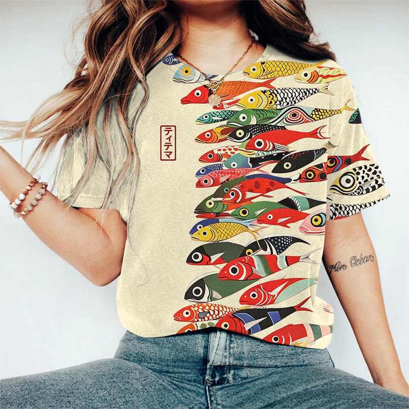 Japanese Vintage Colorful Fishes Pattern Print Round Neck T-shirt - Apricot - US44-46(8XL) - image 1