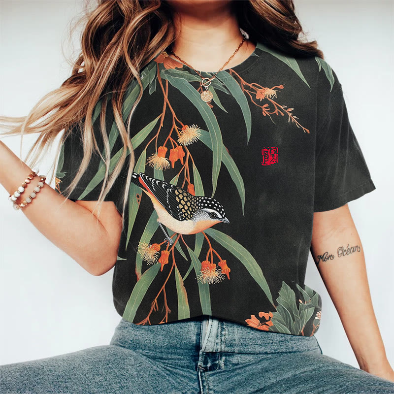 Japanese Vintage Little Bird Pattern Print Round Neck T-shirt - Black - US44-46(8XL) - image 2