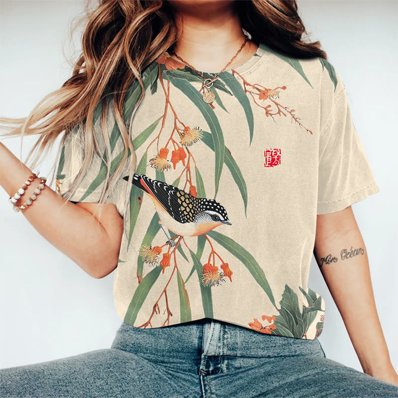 Japanese Vintage Little Bird Pattern Print Round Neck T-shirt - Apricot - US44-46(8XL) - image 1