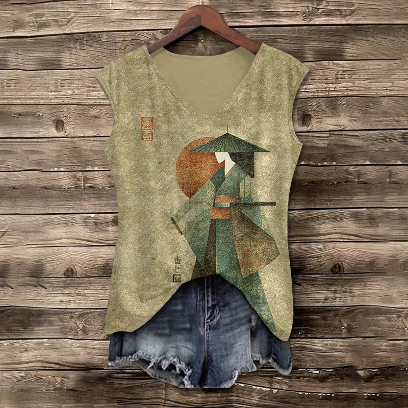 Japanese Warrior Samurai Pattern Print V-neck Tank Top - Olive Green - 5XL - image 1