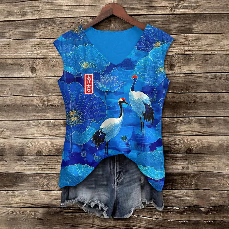 Japanese Vintage Lotus Pond Cranes Pattern Print V-neck Tank Top - Blue - 5XL - image 1