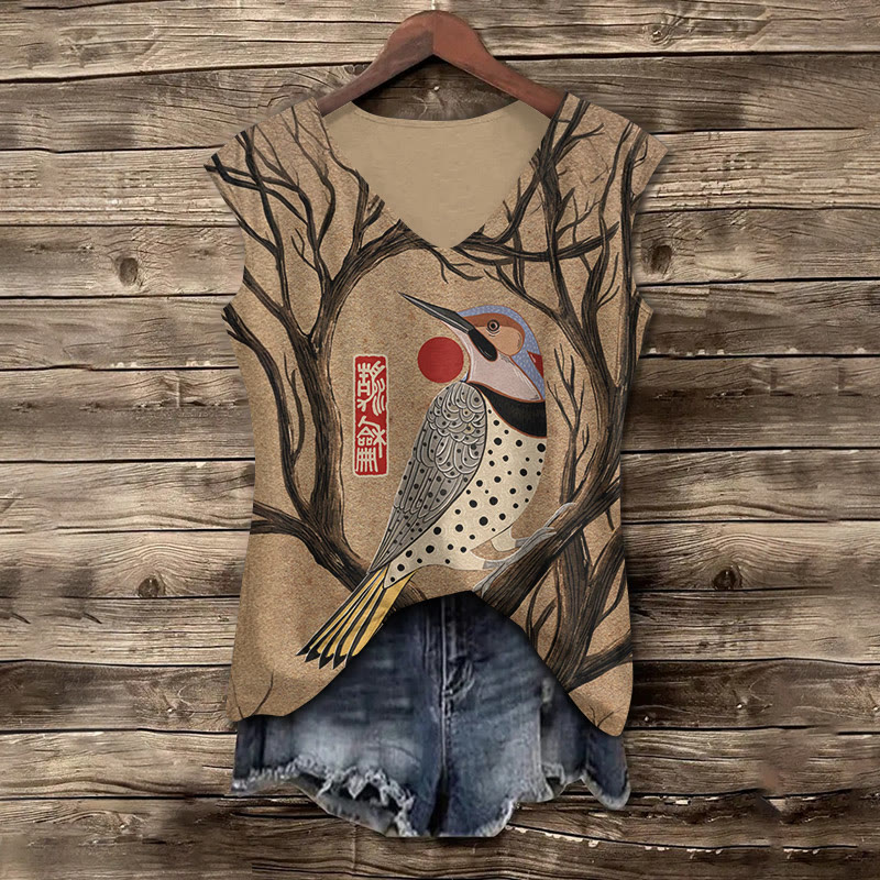 Japanese Geometric Bird Pattern Print V-neck Tank Top - Khaki - 5XL - image 1
