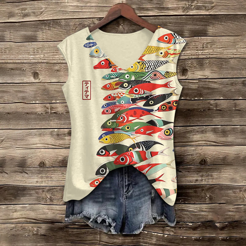 Japanese Vintage Colorful Fishes Pattern Print V-neck Tank Top - Apricot - 5XL - image 1