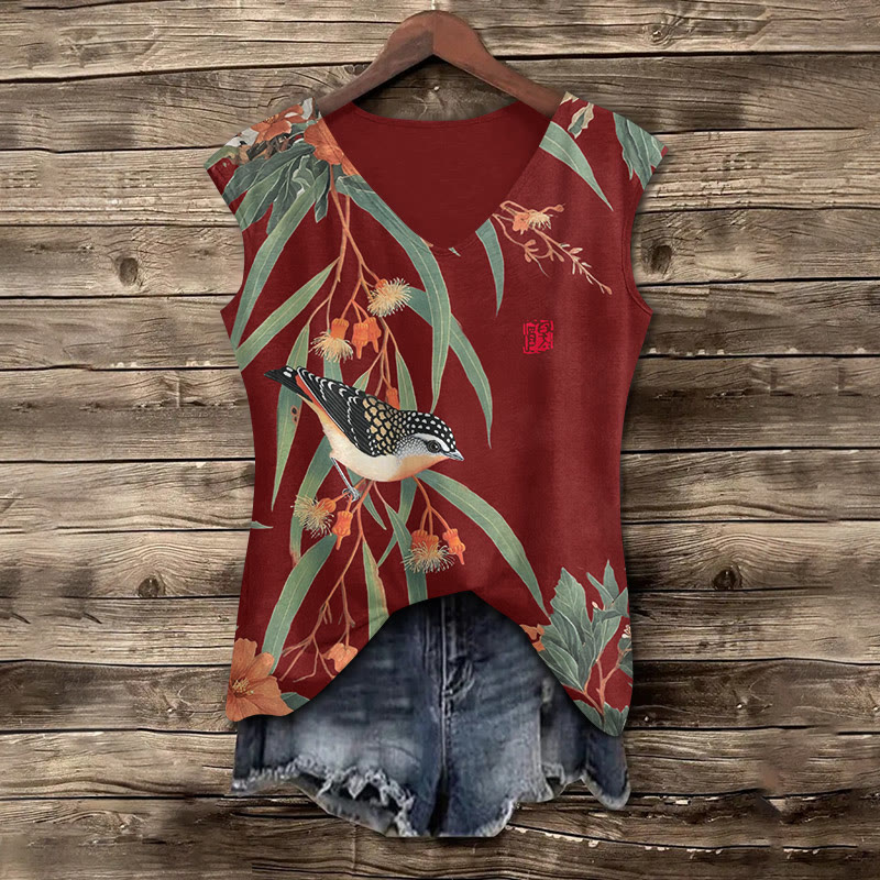 Japanese Vintage Little Bird Pattern Print V-neck Tank Top - Red - 5XL - image 3