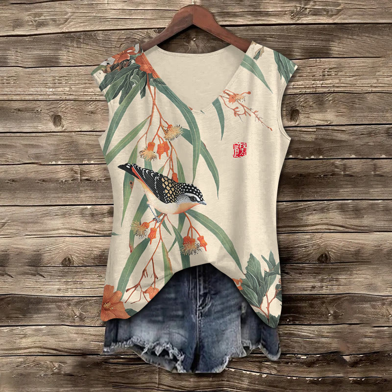 Japanese Vintage Little Bird Pattern Print V-neck Tank Top - Apricot - 5XL - image 2