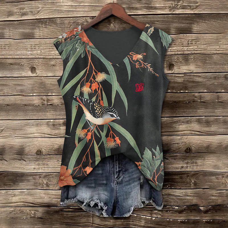 Japanese Vintage Little Bird Pattern Print V-neck Tank Top - Black - 5XL - image 1