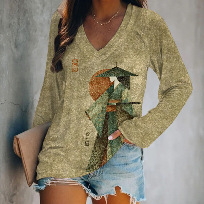 Japanese Warrior Samurai Pattern Print V-neck Long Sleeve T-shirt - Olive Green - US 24 (5XL) - image 1