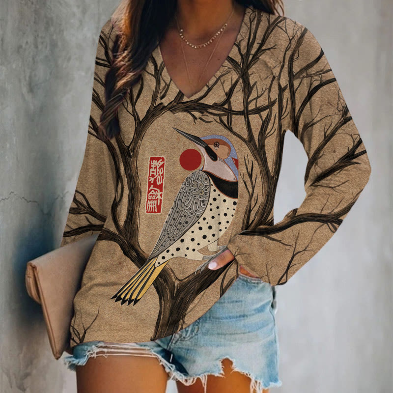 Japanese Geometric Bird Pattern Print V-neck Long Sleeve T-shirt - Khaki - US 24 (5XL) - image 1