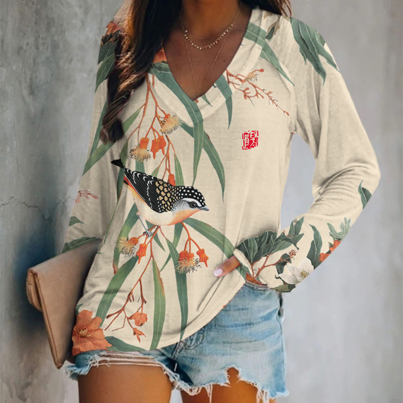 Japanese Vintage Little Bird Pattern Print v-neck Long Sleeve T-shirt - Apricot - US 24 (5XL) - image 2