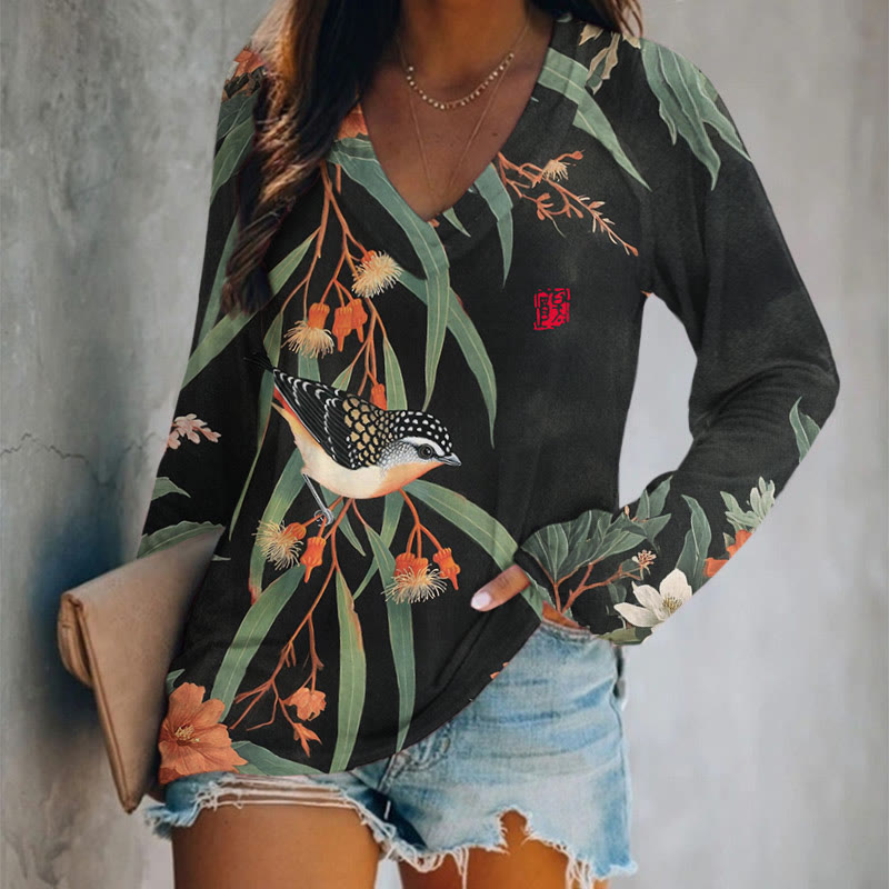 Japanese Vintage Little Bird Pattern Print v-neck Long Sleeve T-shirt - Black - US 24 (5XL) - image 1