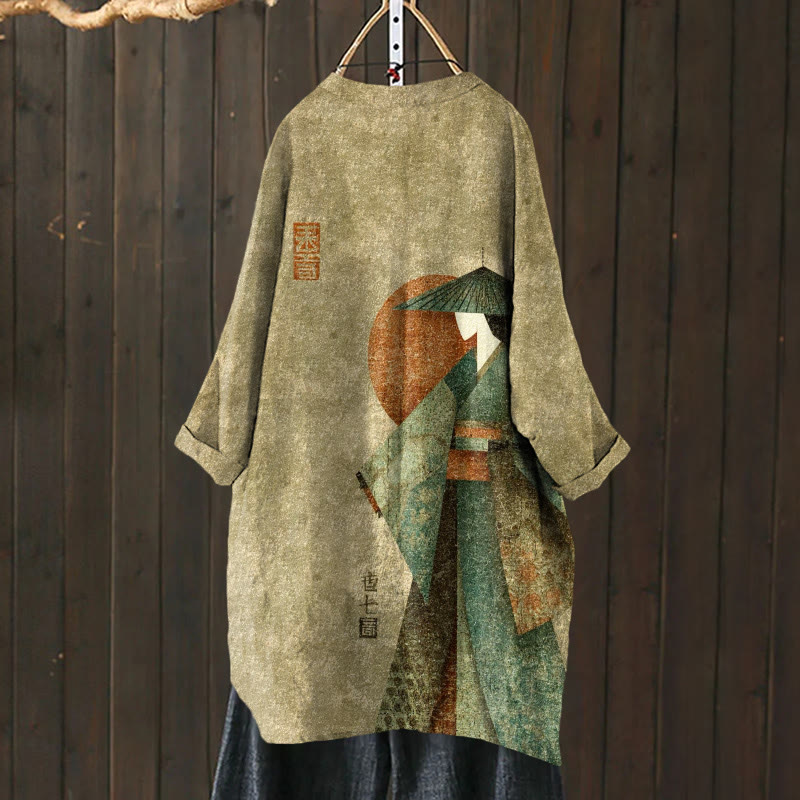 Japanese Warrior Samurai Pattern Print Cardigan - Olive Green - US 30-32 (6XL) - image 1