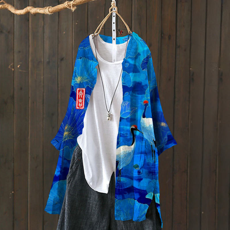 Japanese Vintage Lotus Pond Cranes Pattern Print Cardigan - image 2