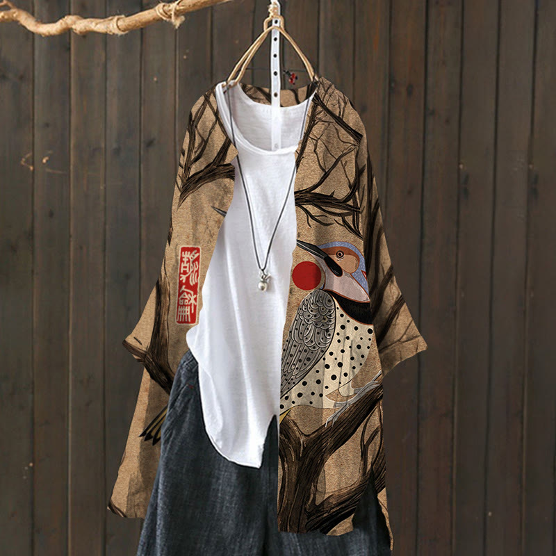 Japanese Geometric Bird Pattern Print Cardigan - image 2