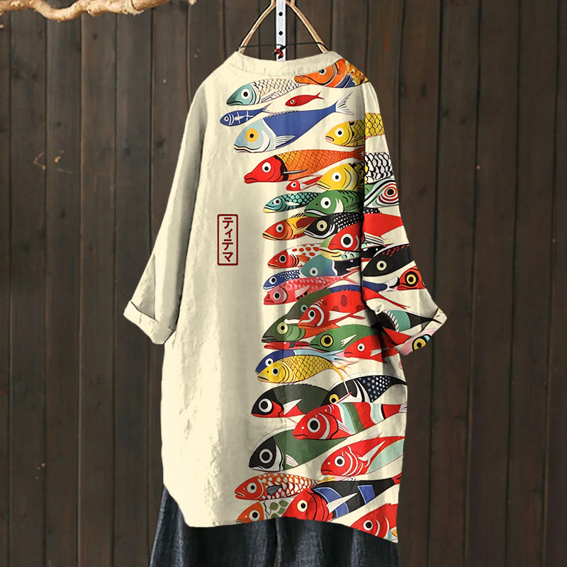 Japanese Vintage Colorful Fishes Pattern Print Cardigan - Beige - US 30-32 (6XL) - image 1