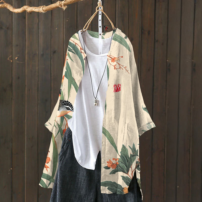Japanese Vintage Little Bird Pattern Print Cardigan - image 2
