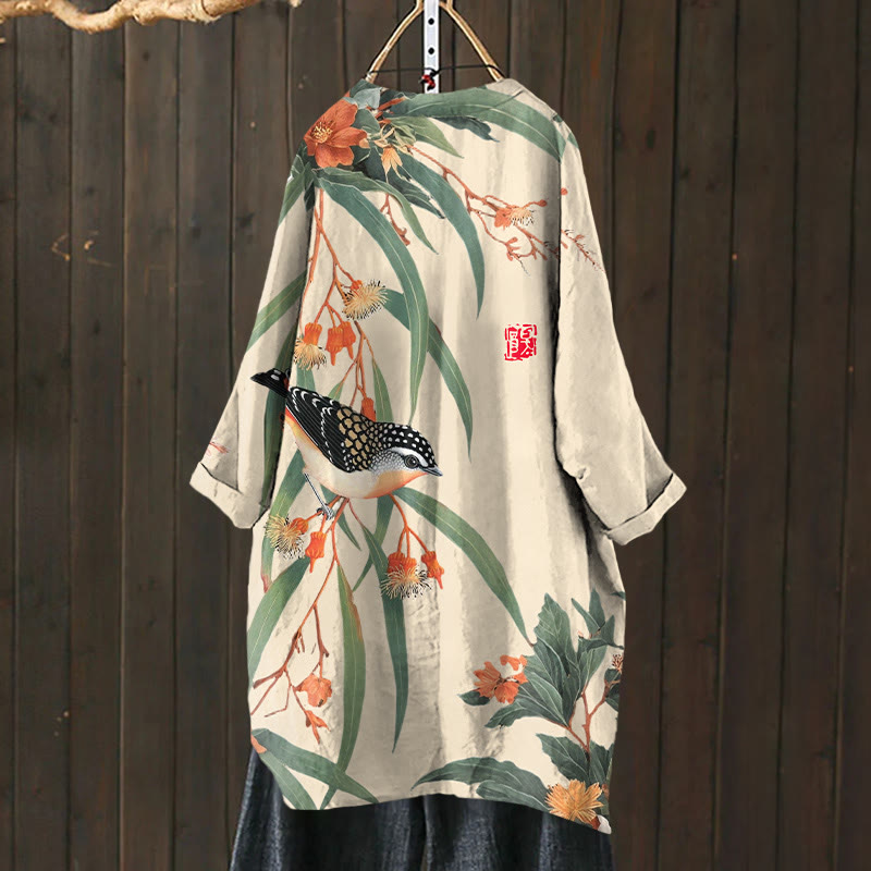 Japanese Vintage Little Bird Pattern Print Cardigan - Apricot - US 30-32 (6XL) - image 1