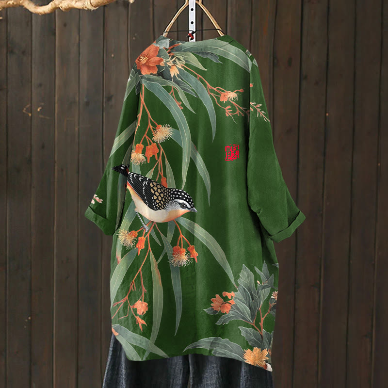 Japanese Vintage Little Bird Pattern Print Cardigan - Green - US 30-32 (6XL) - image 7