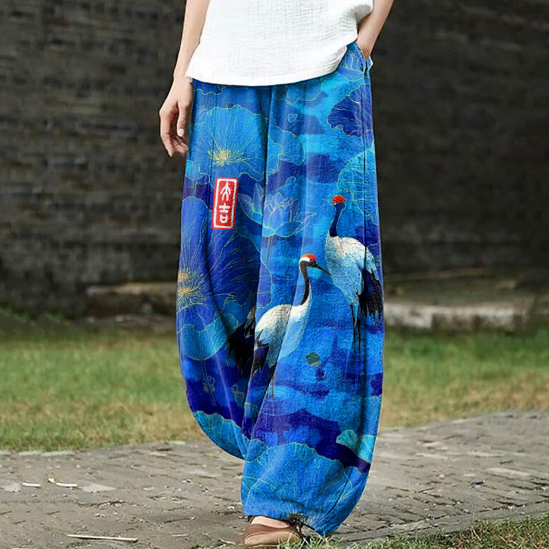 Japanese Vintage Lotus Pond Cranes Pattern Print Casual Bloomers Pants - Blue - US18(5XL) - image 1