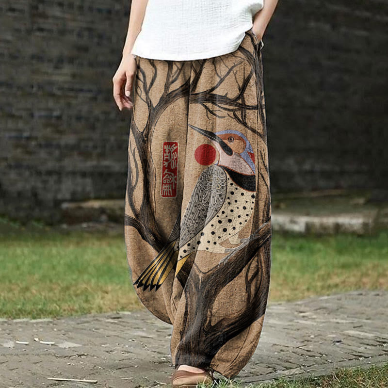 Japanese Geometric Bird Pattern Print Casual Bloomers Pants - Khaki - US18(5XL) - image 1