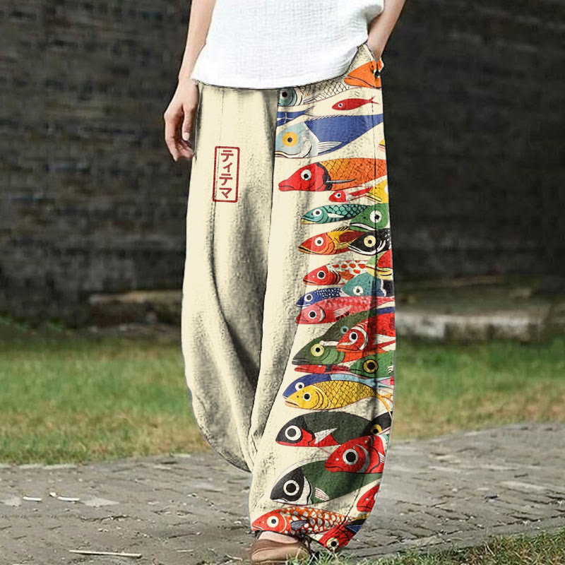 Japanese Vintage Colorful Fishes Pattern Print Casual Bloomers Pants - Apricot - US18(5XL) - image 1