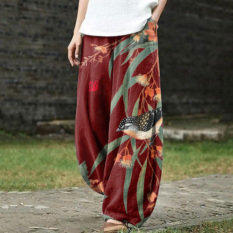 Japanese Vintage Little Bird Pattern Print Casual Bloomers Pants - Red - US18(5XL) - image 1