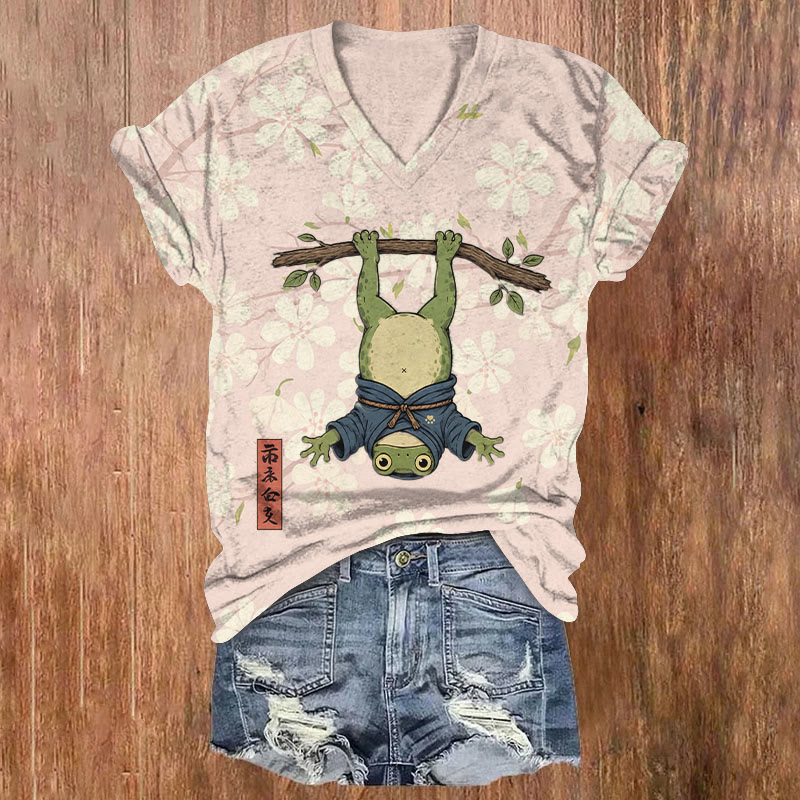 Japanese Style Hanging Frog Pattern Print Short Sleeved V-Neck T-Shirt - Pink - US32-34(5XL) - image 1