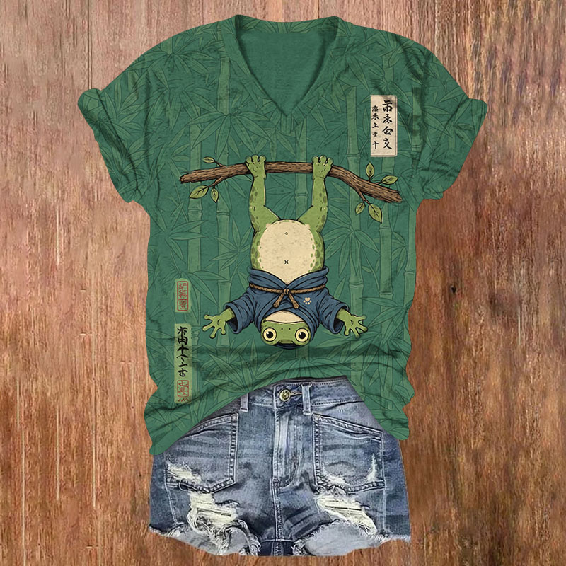 Vintage Japanese Samurai Frog Bamboo Pattern Print Short Sleeved V-Neck T-Shirt - Green - US32-34(5XL) - image 1