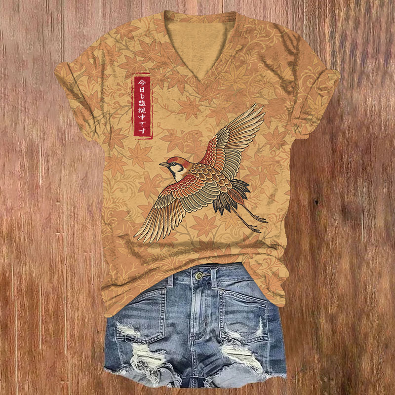 Japanese Style Flying Crane Maple Leaf Pattern Print Short Sleeved V-Neck T-Shirt - Yellow - US32-34(5XL) - image 1