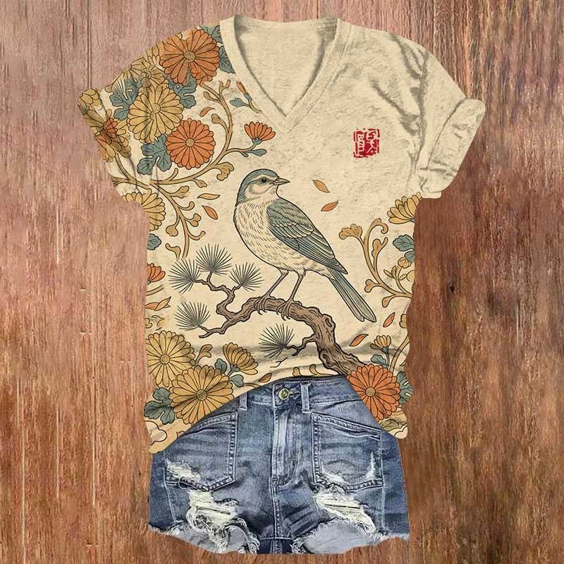 Oriental Retro Bird & Chrysanthemum Floral Print Short Sleeved V-Neck T-Shirt - Apricot - US32-34(5XL) - image 1