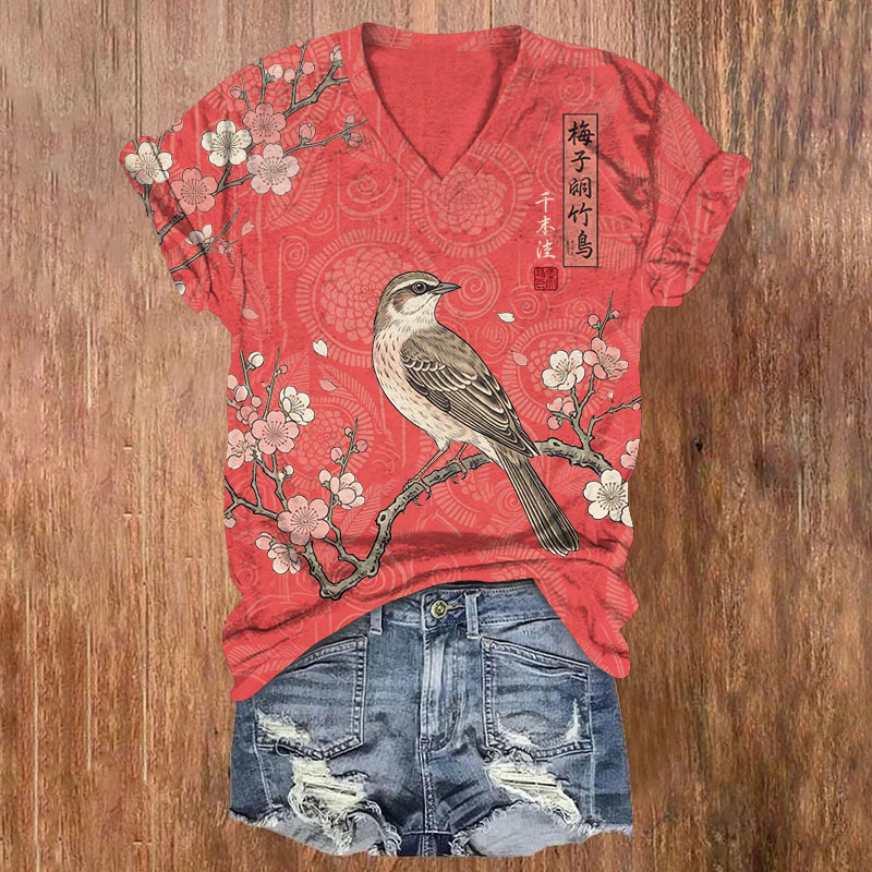 Japanese Style Plum Blossom Bird Pattern Print Short Sleeved V-Neck T-Shirt - Red - US32-34(5XL) - image 2