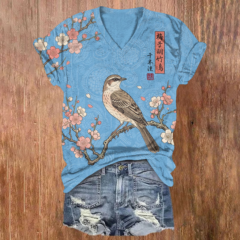 Japanese Style Plum Blossom Bird Pattern Print Short Sleeved V-Neck T-Shirt - Light Blue - US32-34(5XL) - image 1