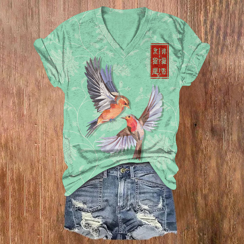 Vintage Oriental Two Flying Birds Print Short Sleeved V-Neck T-Shirt - Light Green - US32-34(5XL) - image 1