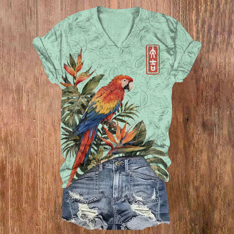 Tropical Parrot Foliage Oriental Print Short Sleeved V-Neck T-Shirt - Light Green - US32-34(5XL) - image 2