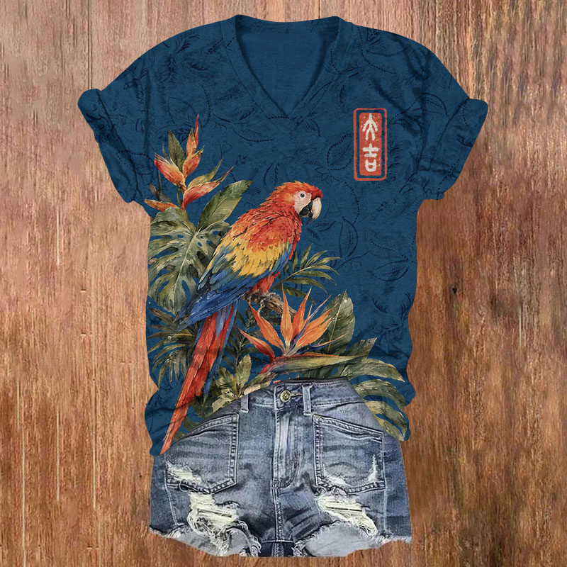 Tropical Parrot Foliage Oriental Print Short Sleeved V-Neck T-Shirt - Navy Blue - US32-34(5XL) - image 1