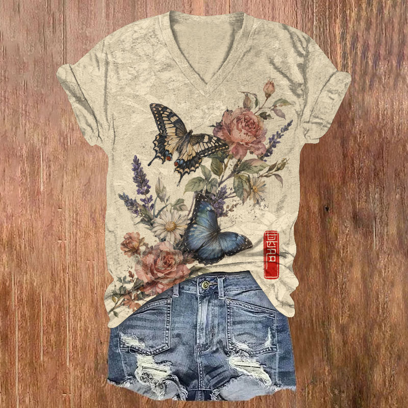 Retro Botanical Butterfly & Flower Print Short Sleeved V-Neck T-Shirt - Apricot - US32-34(5XL) - image 1