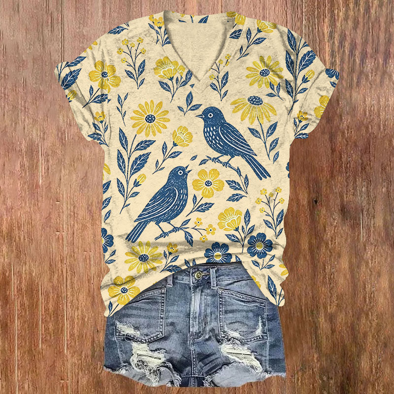 Birds & Daisy Floral Print Short Sleeved V-Neck T-Shirt - Yellow - US32-34(5XL) - image 1