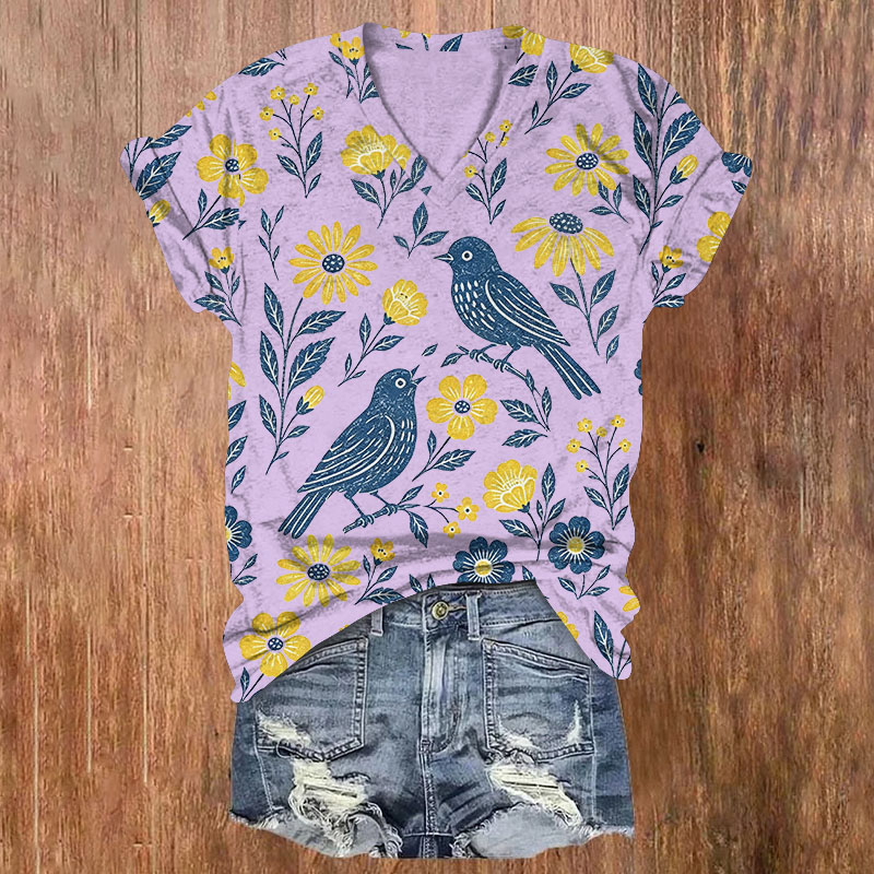 Birds & Daisy Floral Print Short Sleeved V-Neck T-Shirt - Purple - US32-34(5XL) - image 3