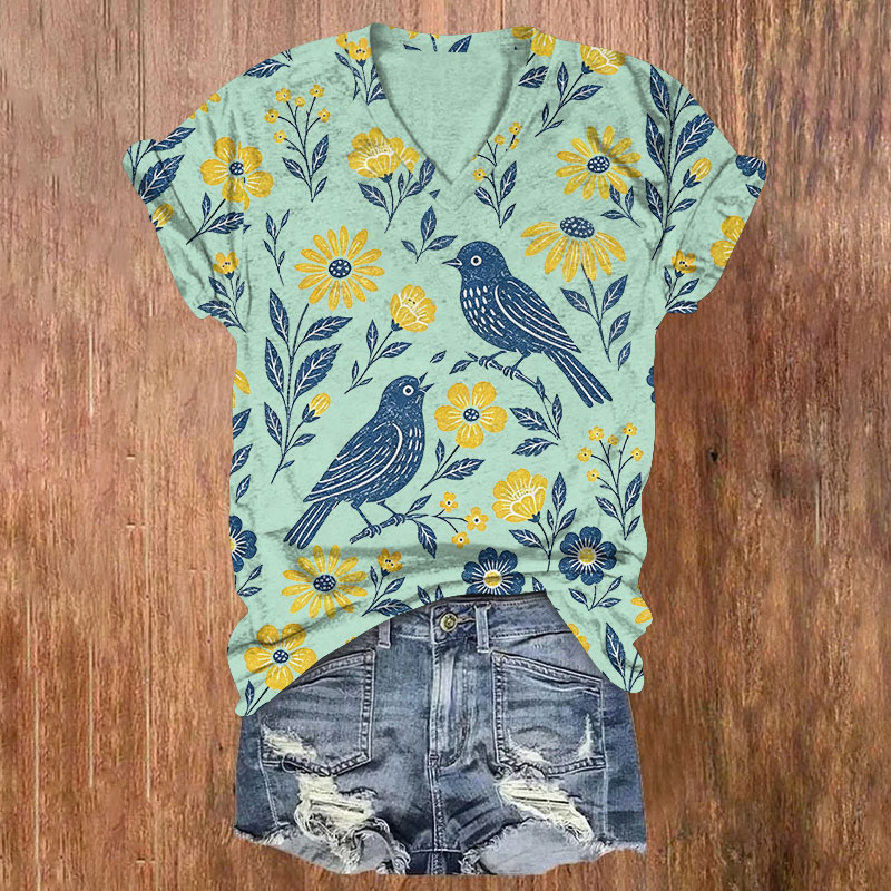Birds & Daisy Floral Print Short Sleeved V-Neck T-Shirt - Light Green - US32-34(5XL) - image 2