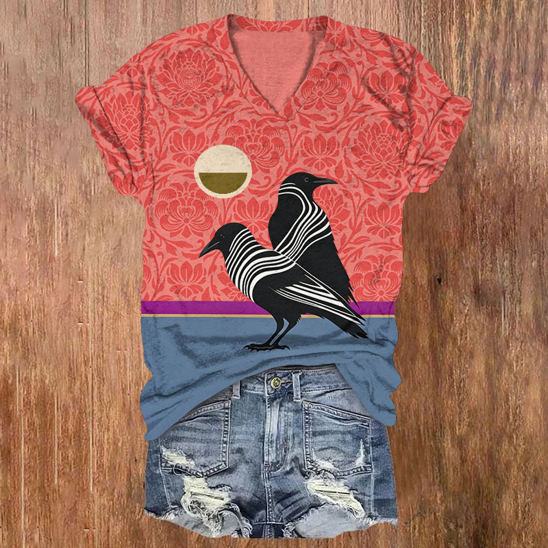 Two Striped Crows Sun Floral Color Block Print Short Sleeved V-Neck T-Shirt - Red - US32-34(5XL) - image 1