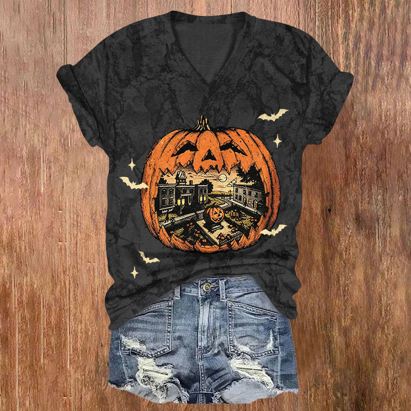 Retro Halloween Pumpkin Haunted Mansion Bat Graphic Print Short Sleeved V-Neck T-Shirt - Black - US32-34(5XL) - image 2
