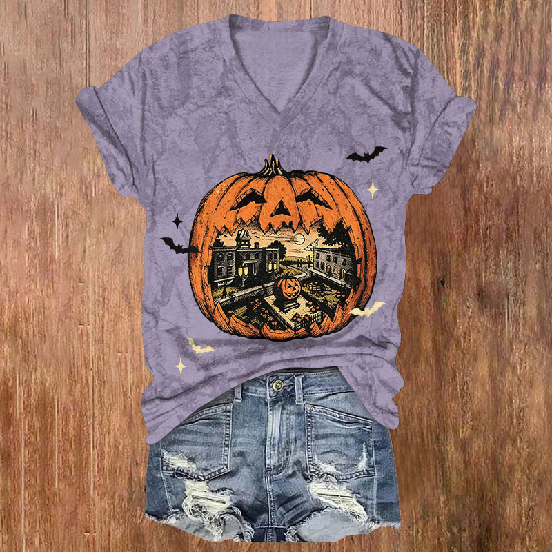 Retro Halloween Pumpkin Haunted Mansion Bat Graphic Print Short Sleeved V-Neck T-Shirt - Purple - US32-34(5XL) - image 1