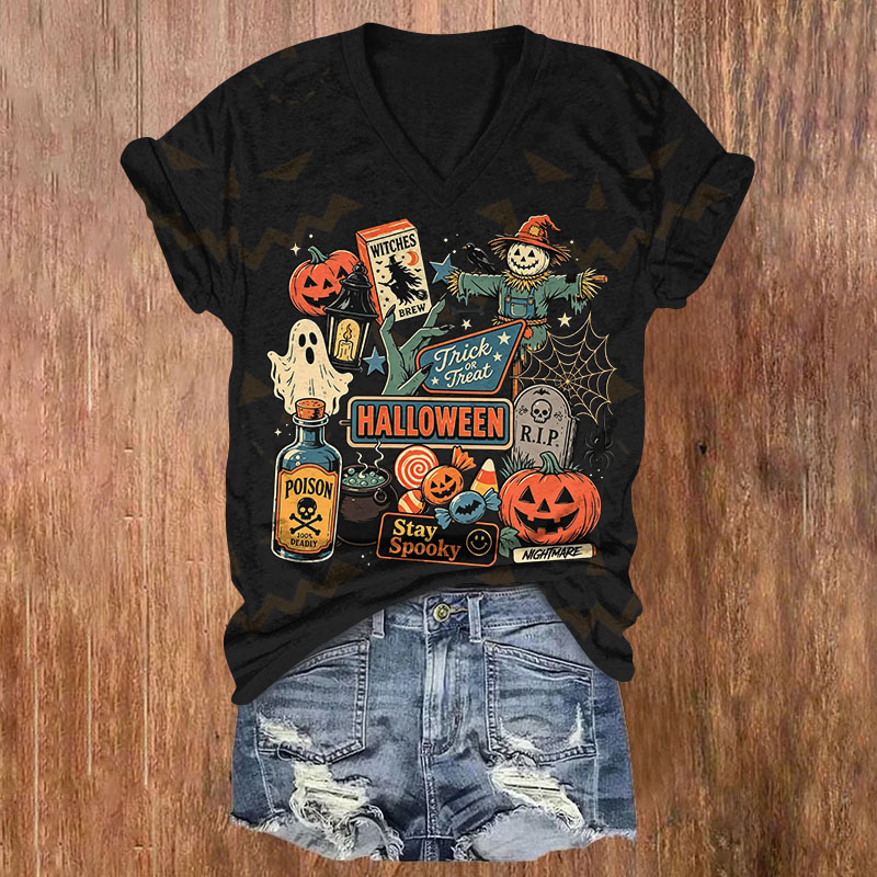 Retro Halloween Spooky Mix Pattern Print Short Sleeved V-Neck T-Shirt - Black - US32-34(5XL) - image 2